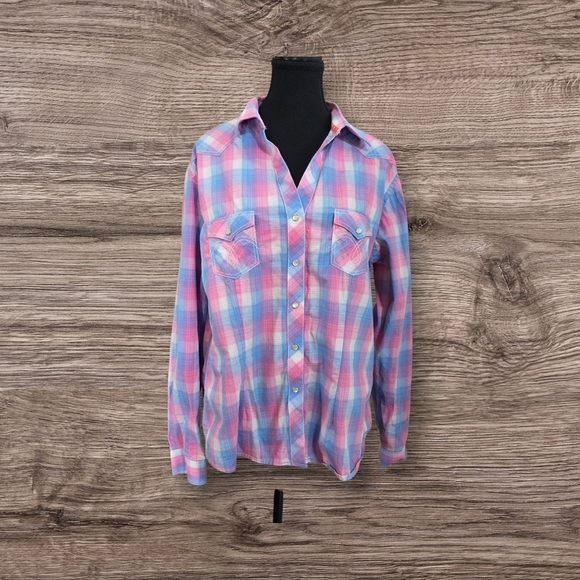 Rough Stock Women's Pink And Blue Plaid Shirt With Pearl Snap Buttons Size L - Picture 1 of 10